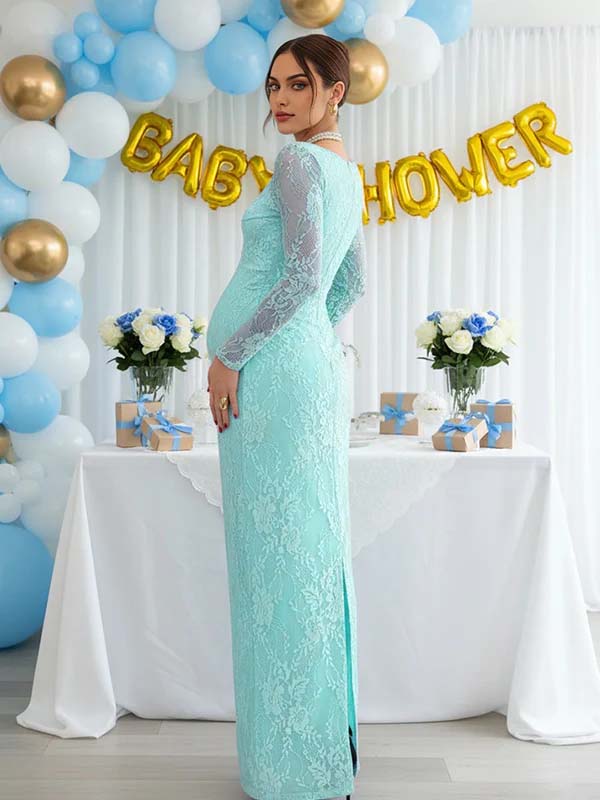 Lace Ruffle Back Slit Square Neck Bodycon Maternity Maxi Dress for Maternity