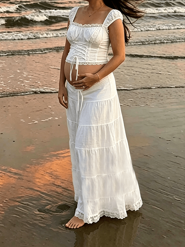 Sweet White Lace Lace Up Two Piece Photoshoot Maternity Maxi Dress for Maternity
