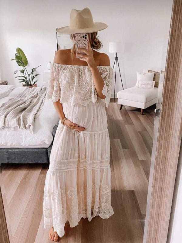 White Off Shoulder Lace Tiered Boat Neck Flowy Elegant Western Maternity Photoshoot Maxi Dress for Maternity