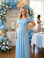 Off Shoulder Ruched Pocket Backless Maternity Baby Shower Maxi Dress for Maternity