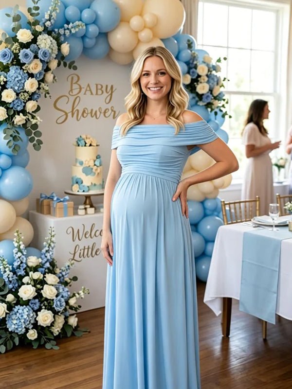 Off Shoulder Ruched Pocket Backless Maternity Baby Shower Maxi Dress for Maternity