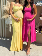 Mesh Ruched Draped Halter Neck Backless Maternity Maxi Dress for Maternity