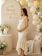 Elegant Beige Ruched Floral Irregular Mermaid Bodycon Maternity Baby Shower Maxi Dress for Maternity