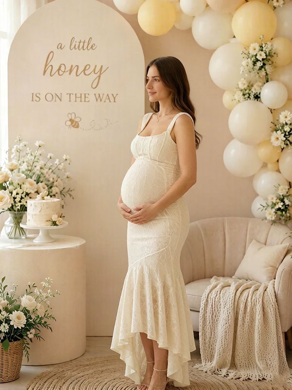 Elegant Beige Ruched Floral Irregular Mermaid Bodycon Maternity Baby Shower Maxi Dress for Maternity