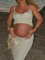 Sequin Spaghetti Strap Ruched Two Piece Maternity Photoshoot Maxi Dress for Maternity