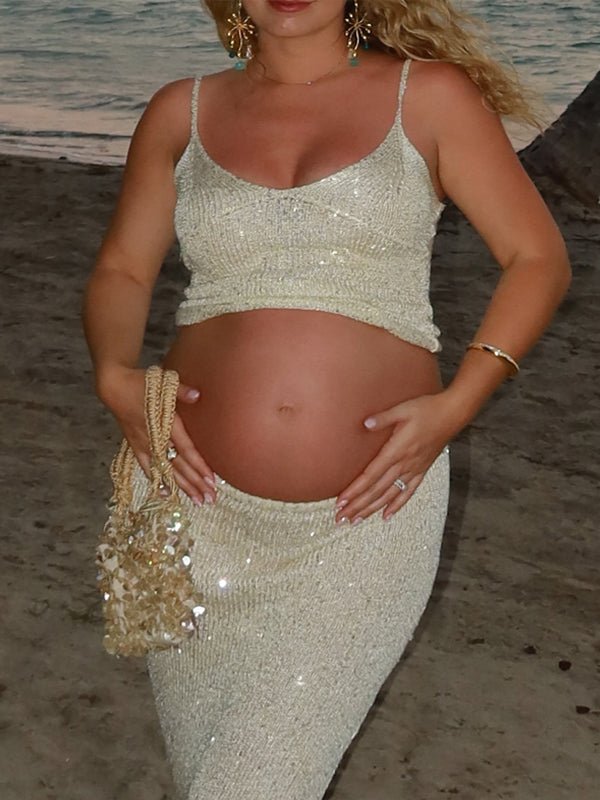 Sequin Spaghetti Strap Ruched Two Piece Maternity Photoshoot Maxi Dress for Maternity