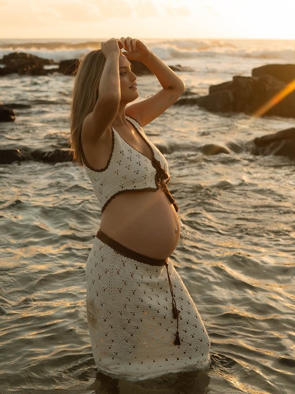 White Lace Up Crochet Two Piece Maternity Photoshoot Maxi Dress for Maternity