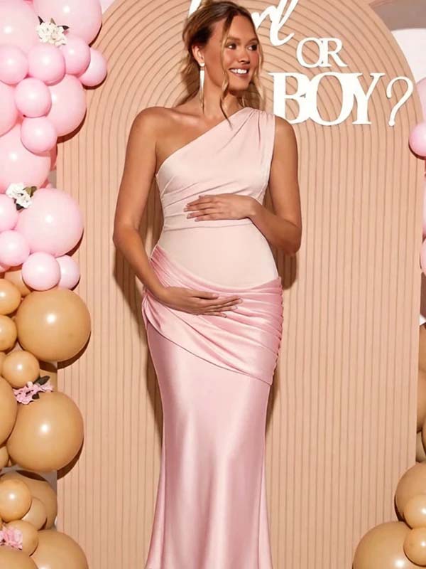 Chic Off Shoulder Splicing Satin Mermaid Baby Shower Maternity Maxi Dress for Maternity