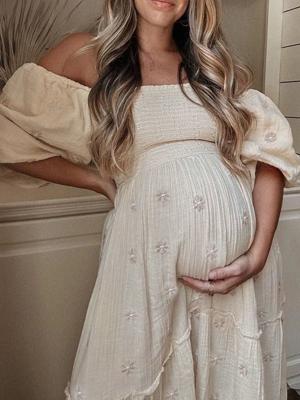 Apricot Daisy Print Smocked Off Shoulder Ruffle Big Swing Elegant Vacation Maternity Photoshoot Baby Shower Party Maxi Dress for Maternity