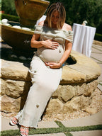 Matcha Knit 3d Flowers Off Shoulder Elegant Maternity Maxi Dress for Maternity