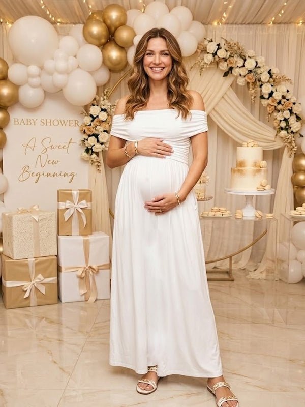 Off Shoulder Ruched Pocket Backless Maternity Baby Shower Maxi Dress for Maternity