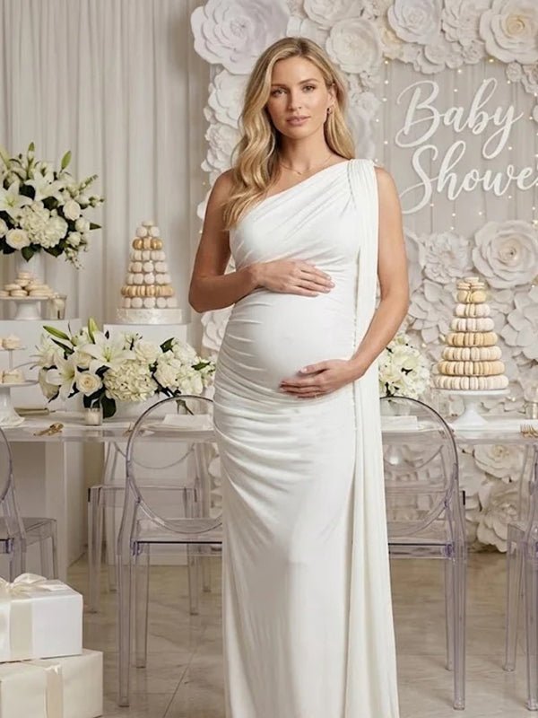 Chic Off Shoulder Side Draped Ribbons Mesh Bodycon Baby Shower Maternity Maxi Dress for Maternity