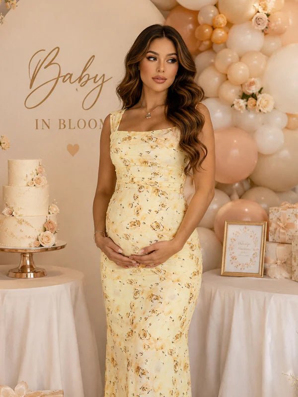 Spaghetti Strap Print Sheer Backless Grenadine Maternity Baby Shower Maxi Dress for Maternity