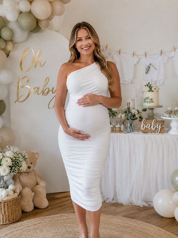 Elegant Ruched Oblique Shoulder Bodycon Baby Shower Maternity Madi Dress for Maternity