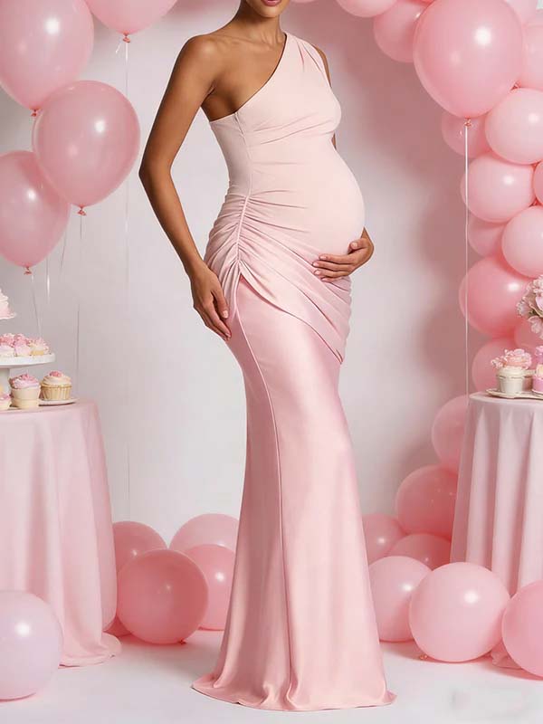 Chic Off Shoulder Splicing Satin Mermaid Baby Shower Maternity Maxi Dress for Maternity