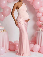 Chic Off Shoulder Splicing Satin Mermaid Baby Shower Maternity Maxi Dress for Maternity