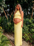 Chic Yellow Halter Neck Two Piece Ruffle Backless Lace-up Photoshoot Maternity Maxi Dress for Maternity