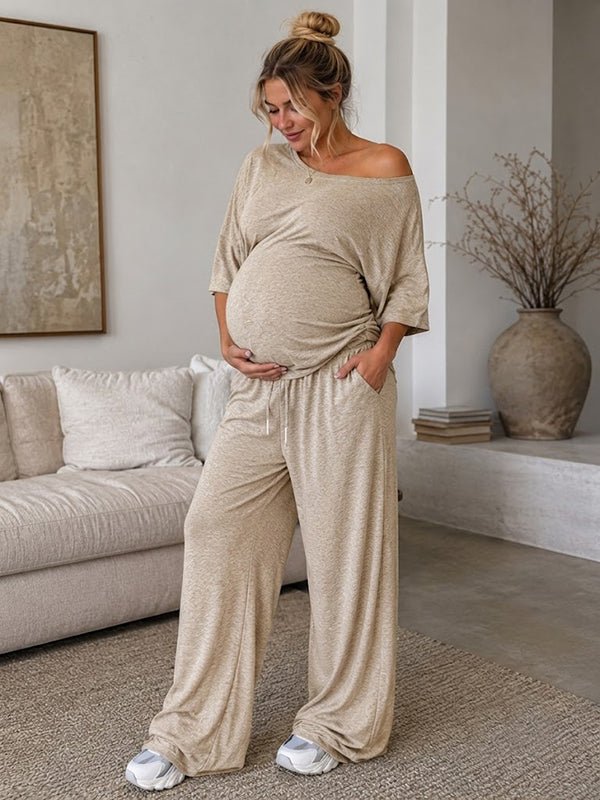 Daily Two Piece Oblique Shoulder Maternity Strapless Top Wide Leg Pant for Maternity