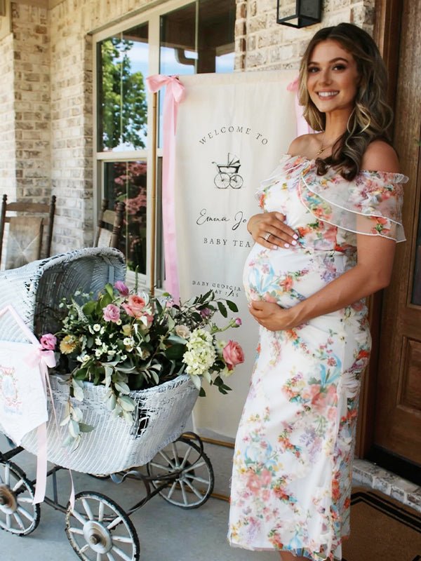 Ruffle Flouncy Tulle Off Shoulder Ruched Flower Maternity Baby Shower Maxi Dress for Maternity