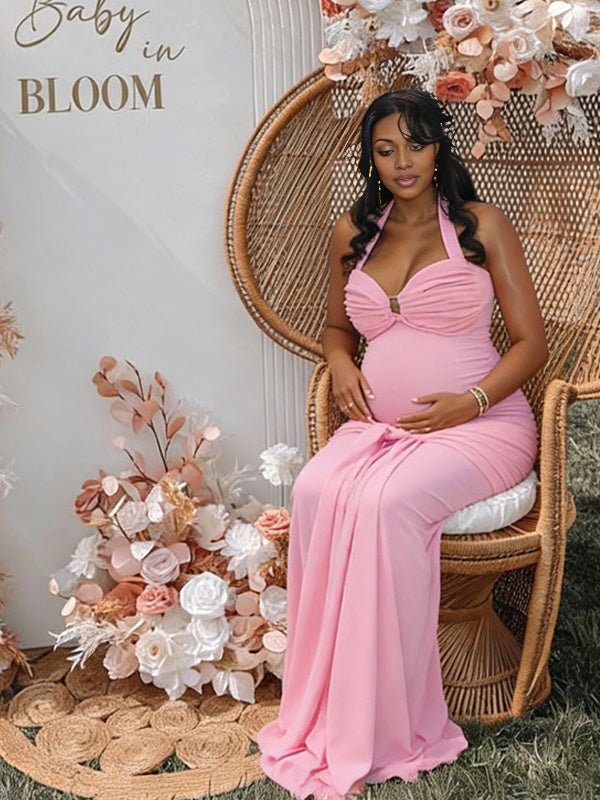 Halter Neck Backless Ruched Lace Up Maternity Baby Shower Maxi Dress for Maternity