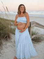 Chic Blue Two Piece Falbala A-line Shirring Spaghetti Straps Vacation Maternity Maxi Dress for Maternity
