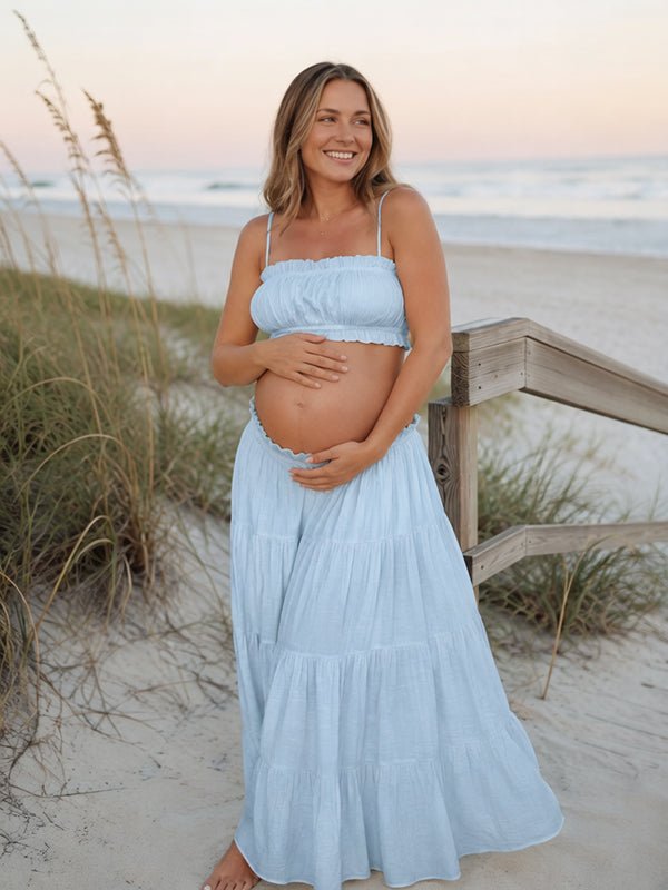 Chic Blue Two Piece Falbala A-line Shirring Spaghetti Straps Vacation Maternity Maxi Dress for Maternity