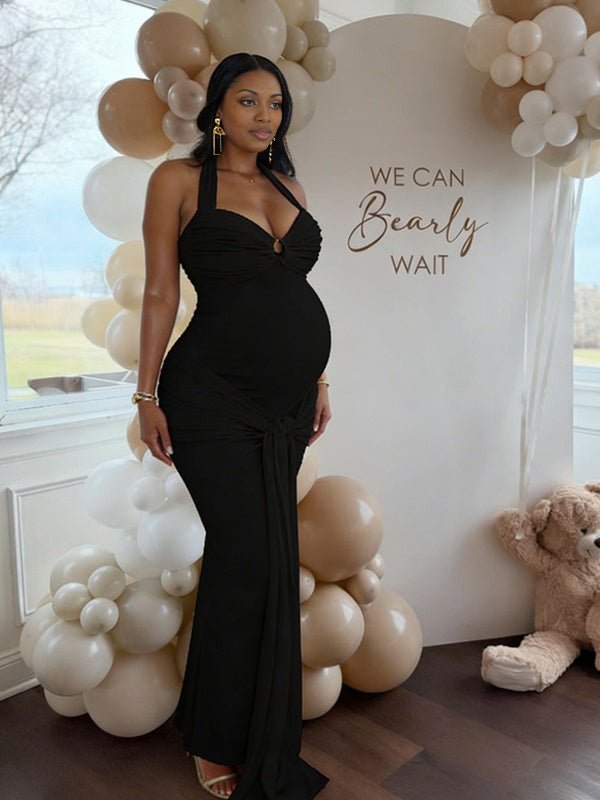Halter Neck Backless Ruched Lace Up Maternity Baby Shower Maxi Dress for Maternity