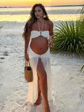 Halter Neck Front Slit Sheer Two Piece Maternity Photoshoot Swimwear for Maternity