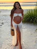 Halter Neck Front Slit Sheer Two Piece Maternity Photoshoot Swimwear for Maternity