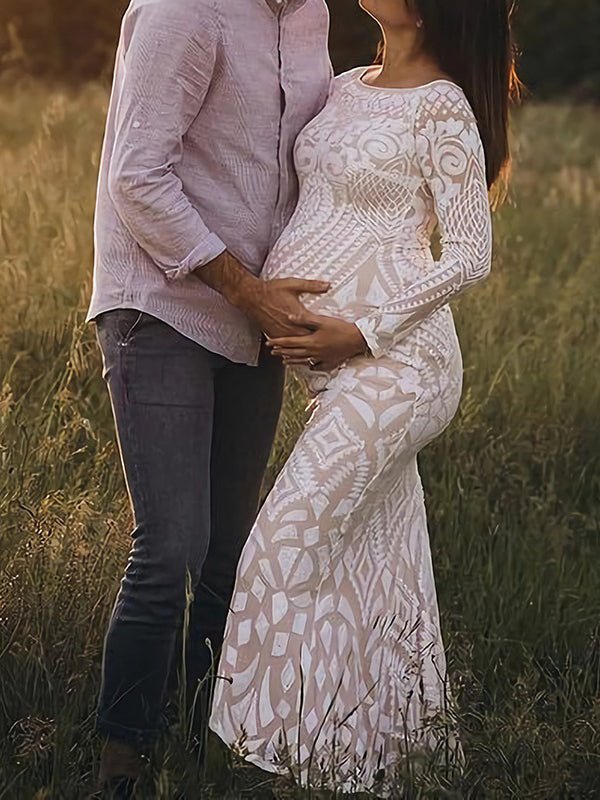 White Lace Sequin Off Shoulder Mermaid Bodycon Wedding Gown Baby Shower Elegant Foamal Maternity Photoshoot Maxi Dress for Maternity