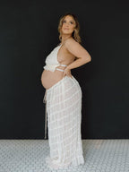 Beige 2 Piece Smocked Ruffle Backless Flowy Elegant Vacation Beach Photoshoot Maternity Maxi Dress for Maternity