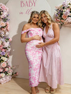 Floral Boning Ruched Mesh Off Shoulder Bodycon Baby Shower Maternity Maxi Dress for Maternity
