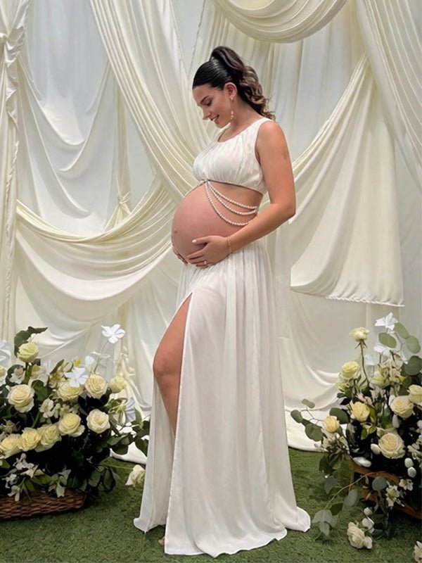 White Side Slit Ruched Two Piece Maternity Baby Shower Maxi Dress for Maternity