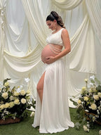 White Side Slit Ruched Two Piece Maternity Baby Shower Maxi Dress for Maternity