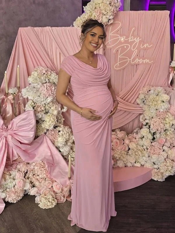 Dangling Collar Ruched Zipper Grenadine Maternity Baby Shower Maxi Dress for Maternity