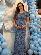 Chic Dark Blue Bodycon Mermaid Floral Baby Shower Maternity Maxi Dress for Maternity