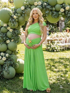 Green Oblique Shoulder Ruched Ribbon Two Piece Maternity Baby Shower Maxi Dress for Maternity