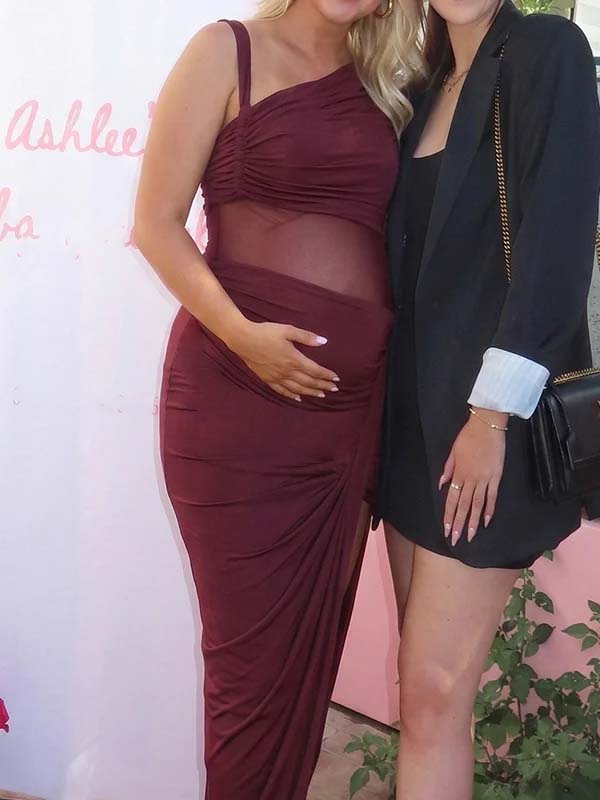 One Shoulder Mesh Patchwork Ruched Side Slit Maternity Maxi Dress for Maternity