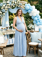 Halter Neck Open Back Flannel Dress Maternity Baby Shower Maxi Dress for Maternity