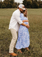 Ruffle Ruched High Waist Puff Sleeve Cute Photoshoot Maternity Maxi Dress for Maternity