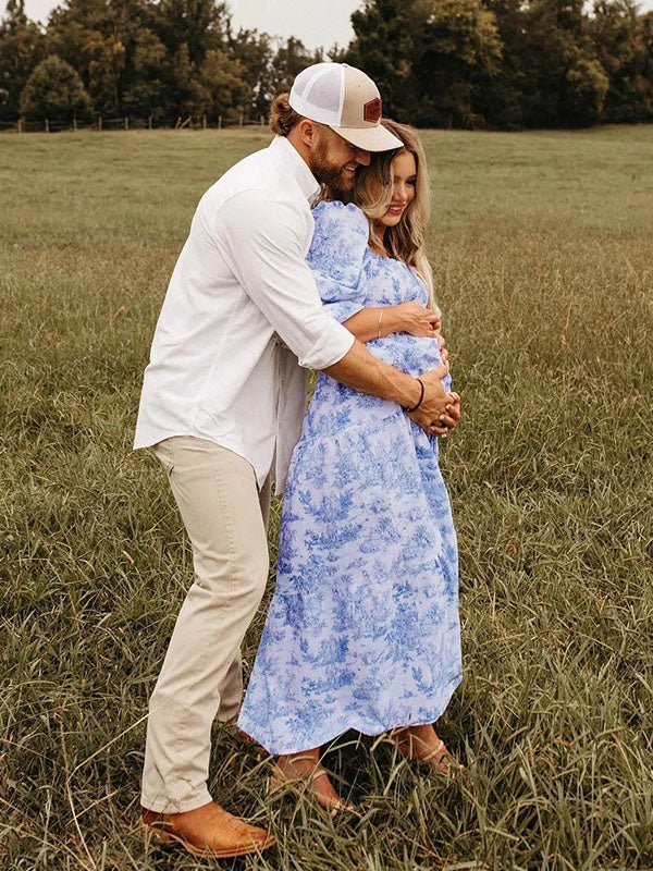 Ruffle Ruched High Waist Puff Sleeve Cute Photoshoot Maternity Maxi Dress for Maternity