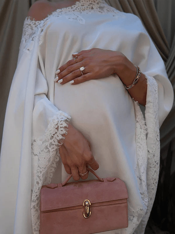 White Lace Ruffle One Shoulder Cape Two Piece Set Maternity Maxi Dress for Maternity