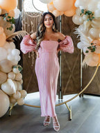 Pink Off Shoulder Bandeau Ribbed Pleated Bodycon Puff Sleeve Evening Gown Baby Shower Maternity Maxi Dress for Maternity