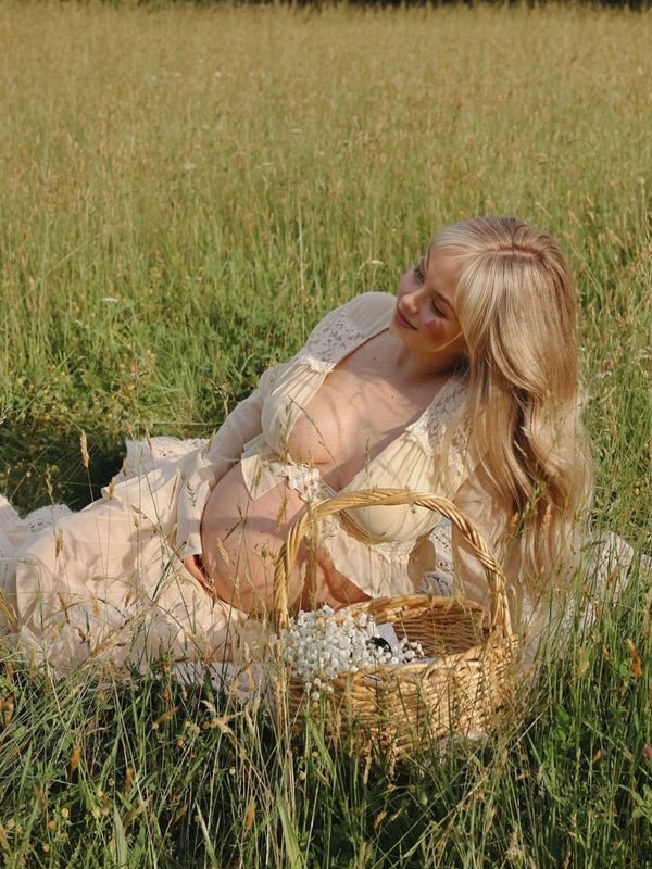 Apricot Lace Ruffle Splicing Lace Up Button Two Piece Photoshoot Maternity Maxi Dress for Maternity