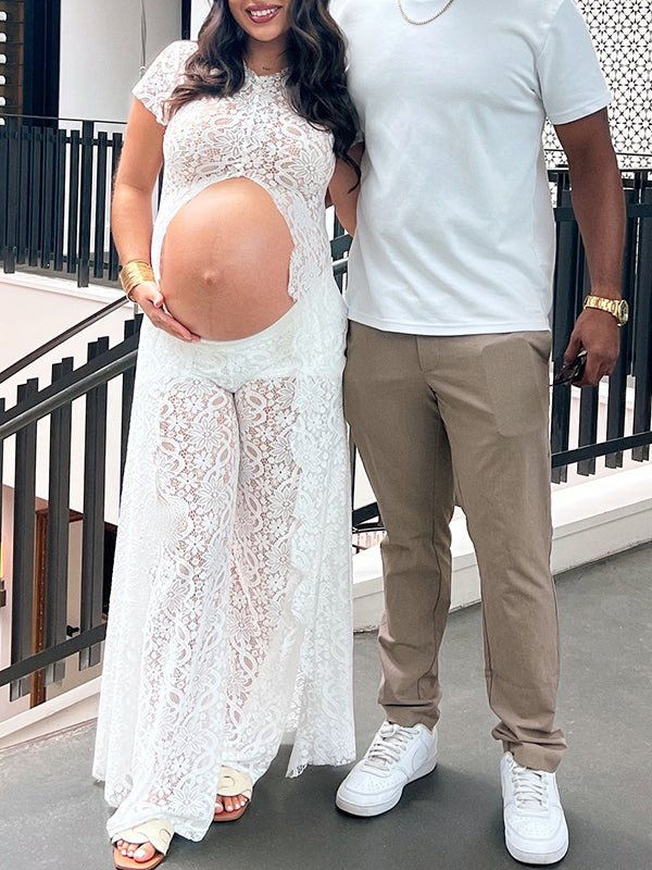 Chic White Side Slit Lace Photoshoot Vacation Two Piece Maternity Top Pant for Maternity