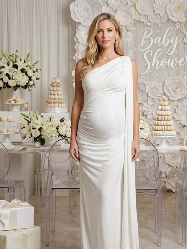 Chic Off Shoulder Side Draped Ribbons Mesh Bodycon Baby Shower Maternity Maxi Dress for Maternity