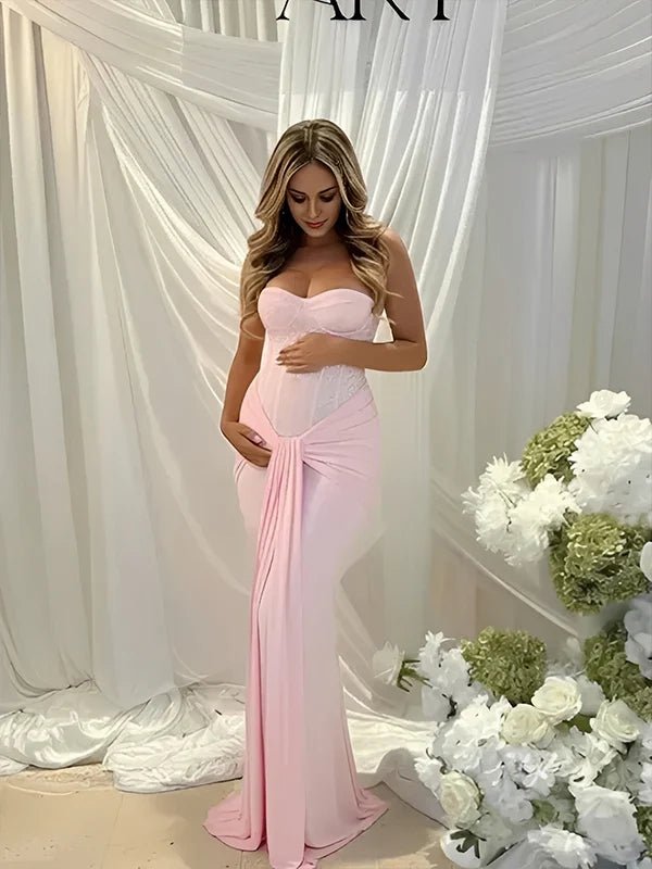 Sequin Bandeau Ruched Knot Draped Bodycon Maternity Maxi Dress for Maternity