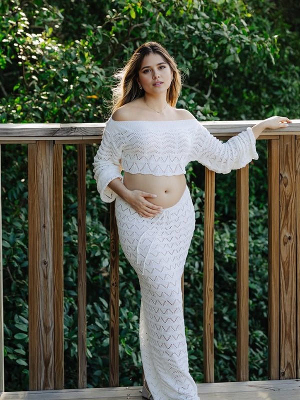 White Off Shoulder Lace Up Crochet Backless Maternity Photoshoot Maxi Dress for Maternity