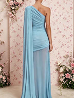 Chic Blue Ruched Oblique Shoulder Mesh Side Draped Baby Shower Maternity Maxi Dress for Maternity
