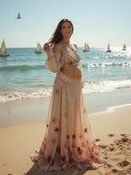 Two Piece Boho Flower Printing Off Shoulder Chiffon Crop Bandeau Photoshoot Maternity Maxi Dress for Maternity
